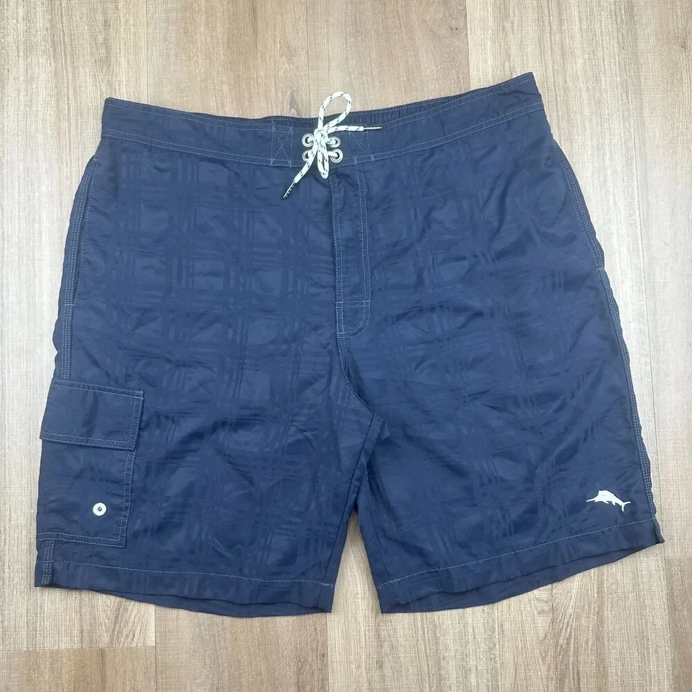 Tommy Bahama Relax Men's XL Navy Blue Plaid Zip Tie Pockets Board Shorts